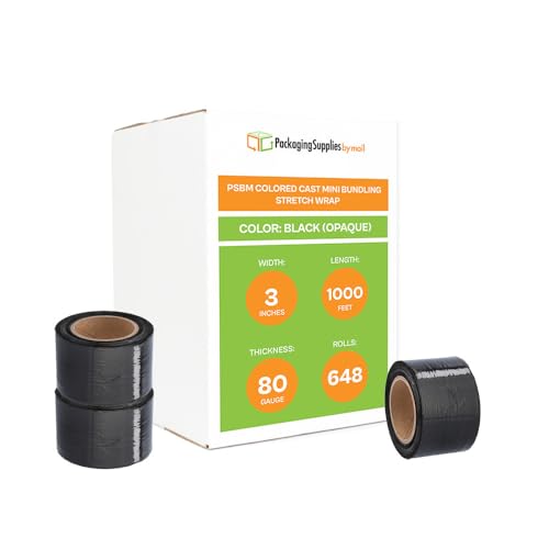 PSBM Dark Black Mini Stretch Wrap with Plastic Handle, 648 Rolls 3 Inch x 1000 Feet 80 Gauge Heavy Duty Plastic Wrap Industrial Strength Shrink Film for Moving, Packing & Shipping - color: Black, size: 648 Rolls