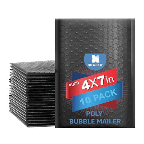 Water Resistant Bubble Envelope Mailers [10 Pack] 4 inch x 7 inch #000 Black Poly Padded Shipping Envelopes Self Sealing Cushioned Packaging Bags - size: #000 4"x7"