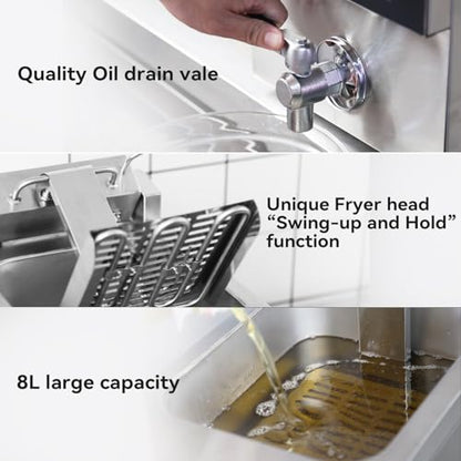 CROSSON 8L Countertop Electric Deep Fryer with Draining Valve,Solid Basket and Lid for Restaurant Use 120V,1800W Stainless Steel Commercial Deep Fryer - size: Single Tank,8L