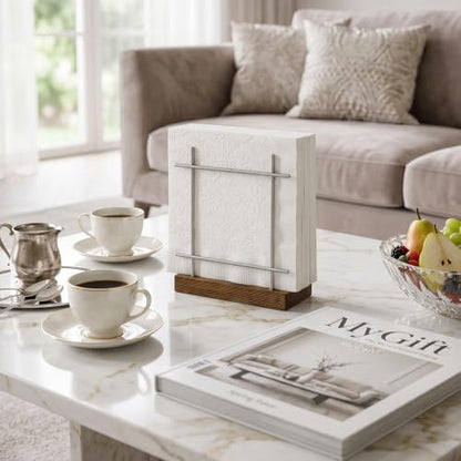 MyGift Upright Napkin Holder, Silver-Tone Metal with Burnt Brown Wood Base - color: Silver / Brown
