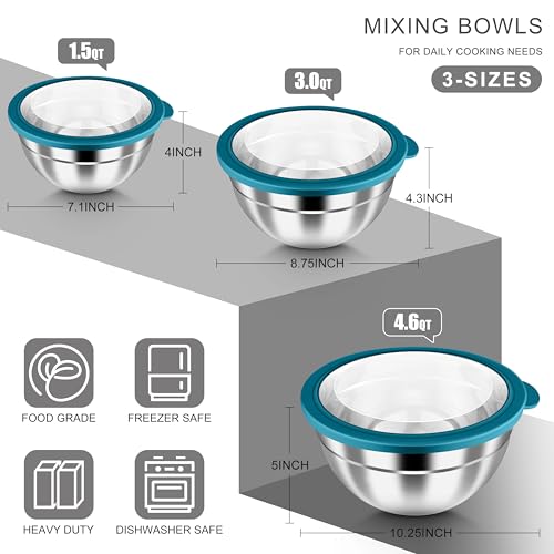 HaWare Mixing Bowls with Airtight Clear Lids, 6-Piece Stainless Steel Strong Nesting Bowls Set, Metal Salad Bowl for Cooking, Prepping, Baking, Serving & Food Storage, Size 4.6, 3, 1.5QT, Teal Blue - color: Teal Blue, size: Visible Airtight Lids