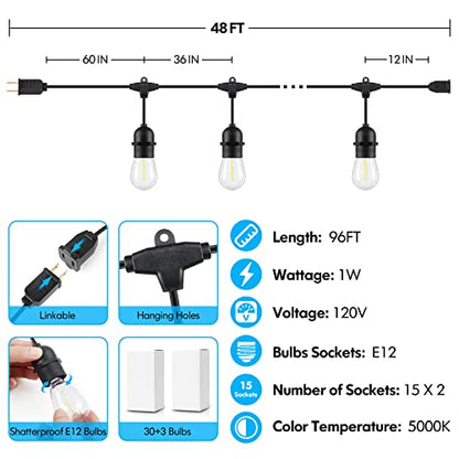 Lakumu 2-Pack 96FT Outdoor String Lights with E12 Filament S14 LED Bulbs - color: Black-5000K, size: 96FT(48FT*2)