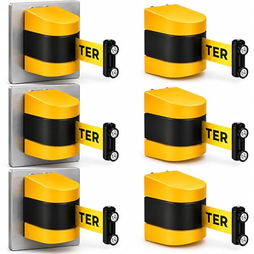 6 Pack Magnetic Retractable Wall Mount Barrier, 16.4 ft Crowd Control Safety High Visibility Caution Belt with Heavy Duty ABS Case for Retail, Stadium, Warehouse & Loading Dock