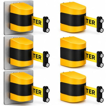 6 Pack Magnetic Retractable Wall Mount Barrier, 16.4 ft Crowd Control Safety High Visibility Caution Belt with Heavy Duty ABS Case for Retail, Stadium, Warehouse & Loading Dock
