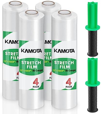 Stretch Film, KAMOTA Stretch Wrap with Handles Industrial Strength, Moving Wrapping Plastic Roll, Shrink Wrap for Pallet Wrap, 15" x 1000 Feet, 4 Pack, 60 Gauge - size: 4 PACK