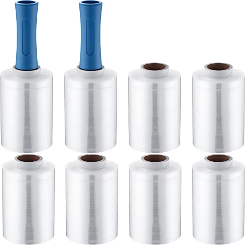 Jutom 8 Pcs Mini Stretch Film Industrial Shrink Wrap Roll Plastic Film for Moving 2 Handles 5" x 1000 ft Pallet Wrap Packaging Self Adhering Shipping for Moving Furniture Packing (Blue) - color: Clear