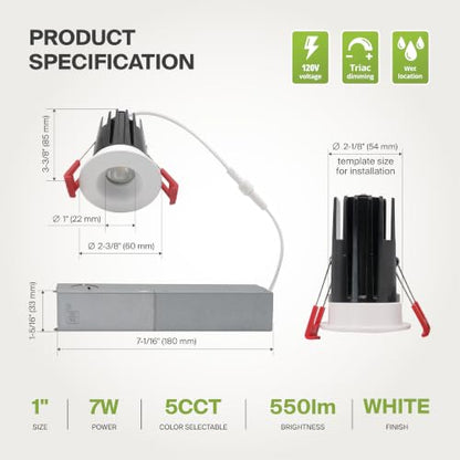 ASD 1 Inch LED Recessed Lighting with Junction Box, 5 CCT 2700K-5000K CRI 90+, 7W 120V 550 Lumens, Round Triac Dimmable Anti-Glare Downlight, IC Rated Downlights for Ceiling, ETL White