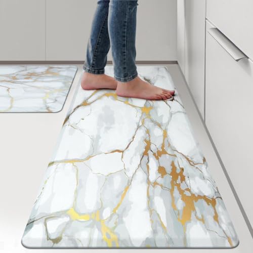 Anti Fatigue Kitchen Rugs and Mats 2 PCS,Comfort Cushion Mat Set,1/2 Thick Non Slip Kitchen Floor Rug Waterproof Cushioned Standing Mat for Floor Office Sink Laundry,(17.3"x29"+17.3"x47") - color: Gold