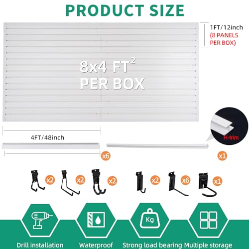 FRAYSCENT Slat Wall Paneling Garage Slat Wall Storage Systems Slatwall Panels Power Tool Organizer Wall Mount, PVC Garage Storage & Organization Products Slate Board (White, 4ft x 8ft with 15 Hooks) - color: White, size: 8x4ft(15hooks)