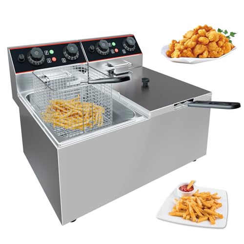 Commercial Deep Fryer with Basket, 12L Electricity Countertop Fryer Stainless Steel, 1800W Professional Food Fryer with Thermostat for Restaurant & Home, Large Capacity 12.7QT Oil Fryer, 120V - size: 8L double cylinder double screen