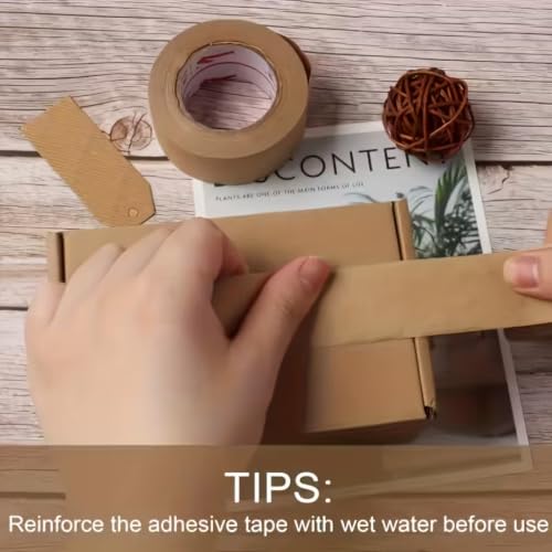 Water Activated Kraft Paper Packing Tape, Water Reinforced Gummed Paper Shipping Tape, Eco-Friendly Writeable Brown Packaging Tape for Carton Sealing, Framing, Shipping, DIY Craft