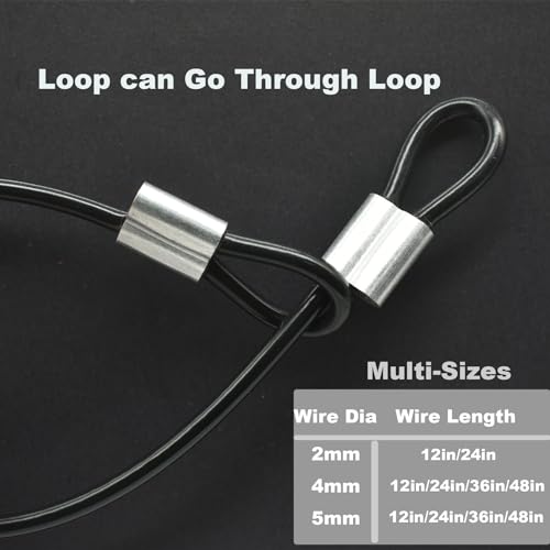 10 Pcs 2mm Wire 24 inch Vinyl Coated Stainless Steel Cable with Loops Short Wire Rope Lanyard Lock Security Chain Link for Outdoor Gates, Black (2mm x 24inch) - color: Black, size: 2mm(T) X 24 in(L) 10PCS