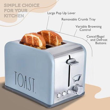 Rae Dunn Toaster, Stainless Steel 2 Slice Square Toaster, Wide Slot with 5 Browning Levels, with Bagel, Defrost and Cancel Options (Baby Blue) - color: Baby Blue