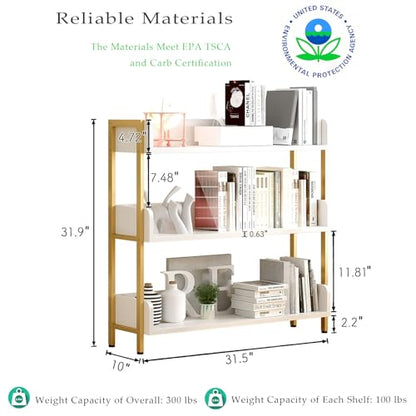 OSCHF Wide Open Shelf Bookcase, 3-Tier, White with Gold Frame - color: Gold + White, size: 3-Tier