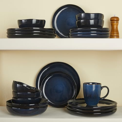 Pokini Stoneware Dinnerware Sets for 6, 18Pcs Ceramic Plates and Bowls Sets - color: Starry Blue, size: Set (18pcs)