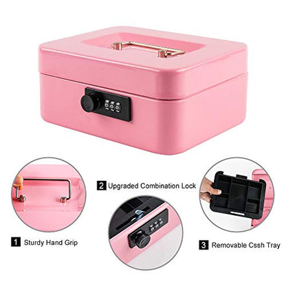 KYODOLED Medium Cash Box with Combination Lock Safe Metal Money Box with Money Tray for Security Lock Box 7.87x 6.30x 3.54Inch Pink Medium - color: Pink (Pack of 1), size: Medium