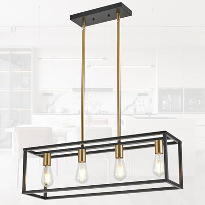 Black&Brushed Brass Kitchen Light Fixtures Farmhouse Rectangle Chandeliers Dining Room Light for Dining Rooms, Light Fixture Matte 4-Light Industrial Pendant Lighting - color: Black&Brass, size: 4 Lights