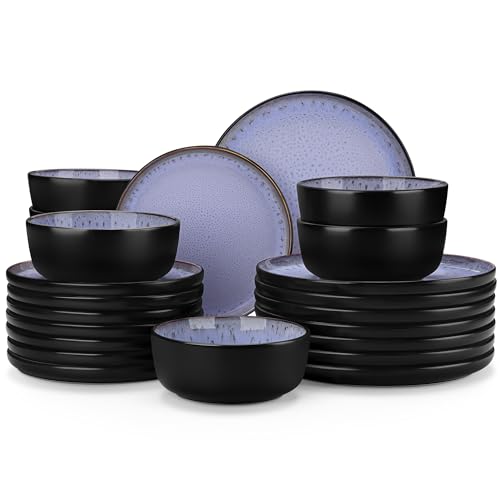 vancasso Plates and Bowls Sets, 24 Pieces Stoneware Dinnerware Sets for 8, Kitchen Dish Set Mircowave and Dishwasher Safe Ceramic Dishware, Purple, Series AMBER - color: Light Purple