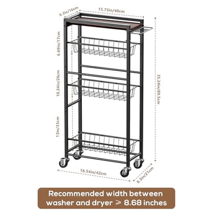 4 Tier Slim Rolling Storage Cart with Pull-Out Baskets, Narrow Sliding Storage Slim Laundry Rolling Cart Between Washer and Dryer - color: Black