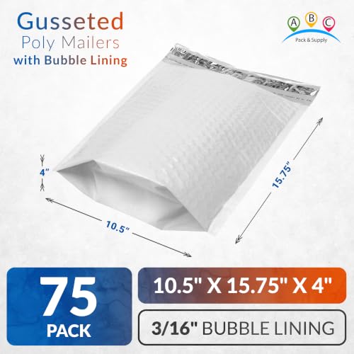 ABC PACK & SUPPLY White Bubble Mailers, 10.5 x 15.25 x 4 Inch, Pack of 75, Waterproof Self-Seal Padded Shipping Envelopes with Bottom Gusset for Secure Packaging - size: 10.5" x 15.25" x 4" / 75 Pack