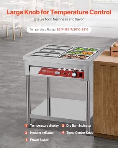 VEVOR 6-Pan Commercial Food Warmer, 6 x 1/3 Pans Electric Steam Table, 1500W Professional Buffet Catering Food Warmer with Undershelf, Stainless Steel Server for Restaurant Party Hotel - size: 6-Pan