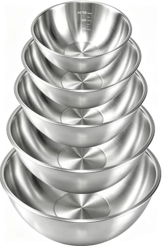 5‑Piece Stainless Steel Mixing Bowls Set, 0.9Qt - 5Qt Nestable Stackable Bowls, Dishwasher Safe, Multipurpose Prep Bowls for Apartment, Family & Camping