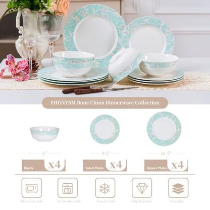 Bone China Dinnerware Set for 4, 12 Pcs Plates and Bowls, Light Blue Rim - color: Light Green
