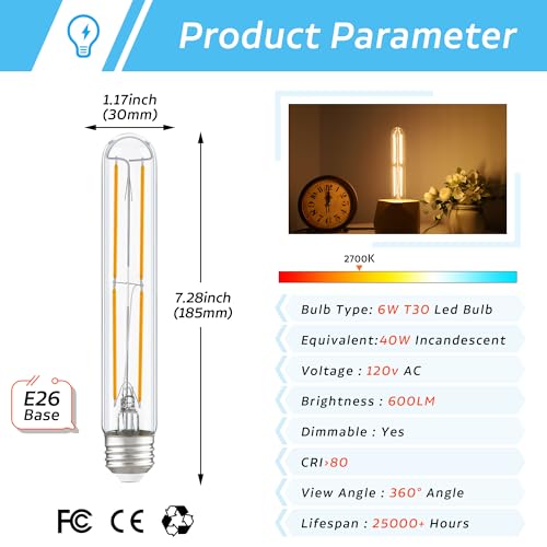 Tube Light Bulbs 7.3 Inch E26 T10 LED Bulb 6W,2700K Solf White 600LM - color: Warm White 2700k, size: 7.3 Inch-4 Count
