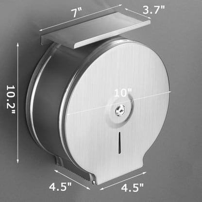 Commercial Jumbo Toilet Paper Dispenser with Shelf, Brushed Stainless Steel Toilet Paper Holder Wall Mount, 9 Inch Bathroom Tissue Roll Dispenser with Lock Key - color: Brushed Silver With Shelf