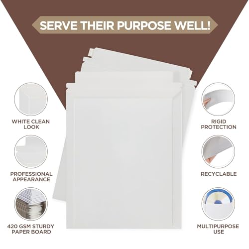 100 Pack 9.75x12.5 Inches Rigid Mailers – Self Adhesive White Stay Flat Mailers – Used as Mailing Supplies for Mailing Documents, Photos, CDs, Magazines and Literature - size: 9.75x12.5"-Pack of 100