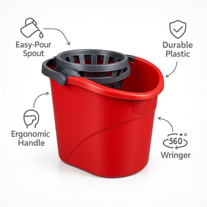 Quick Wring Hands-Free Mop Bucket 2.5 Gallon Red, Mop Bucket with Built-in Wringer for Home Hardwood Laminate Tile Floor Cleaning