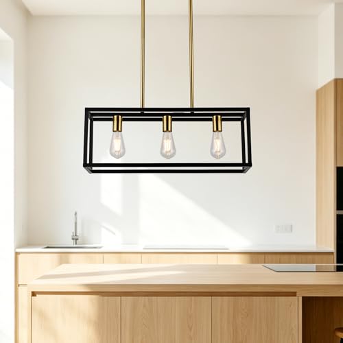 Farmhouse Kitchen Island Lighting, Modern Industrial Chandelier, 3-Light Black&Brushed Brass Linear Rectangular Pendant Light Fixtures for Farmhouse Kitchen Dining Room Bar Foyer - color: Black&Brass, size: 3 Lights
