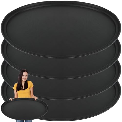 4Pcs 24 Inch x 29 Inch Large Restaurant Serving Trays, Black PP Plastic Non Slip Tray,Oval Plastic Food Serving Tray with Raised Edges for Home Kitchen Restaurant Cafeterias Fast Food Service