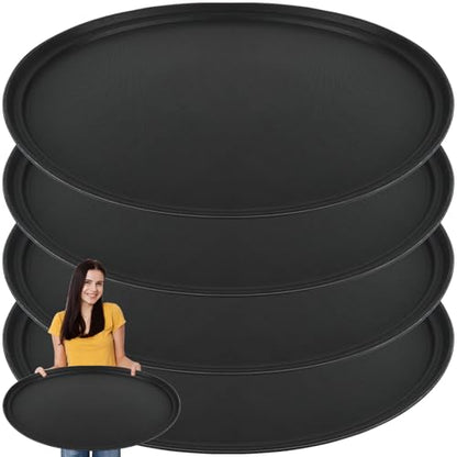 4Pcs 24 Inch x 29 Inch Large Restaurant Serving Trays, Black PP Plastic Non Slip Tray,Oval Plastic Food Serving Tray with Raised Edges for Home Kitchen Restaurant Cafeterias Fast Food Service
