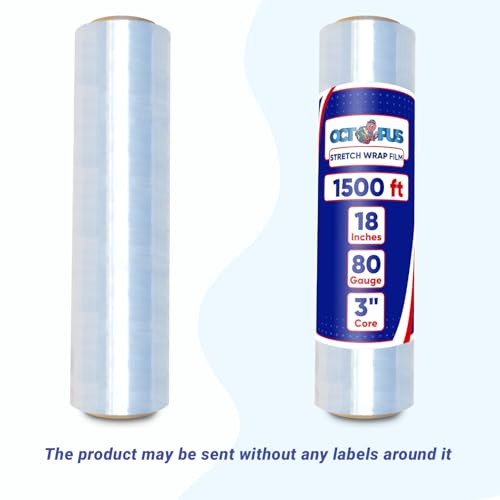 OCTOPUS Stretch Wrap, Industrial Strength 4 Roll Clear, 18” x 1500 feet, 80 Gauge (20 Micron), Heavy Duty Plastic Shrink Film for Packing, Wrapping, Bundling, Shipping, Pallets, and Moving Essentials