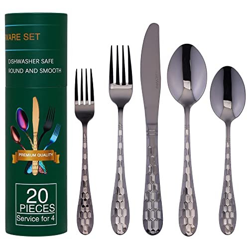 Hammered Silverware Set for 4, 20-Piece Black Flatware, 18/10 Stainless Steel Include Knife/Fork/Spoon, Tableware for Kitchen Restaurant, Dishwasher Safe (Black) - color: Black