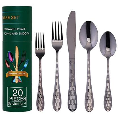 Hammered Silverware Set for 4, 20-Piece Black Flatware, 18/10 Stainless Steel Include Knife/Fork/Spoon, Tableware for Kitchen Restaurant, Dishwasher Safe (Black) - color: Black