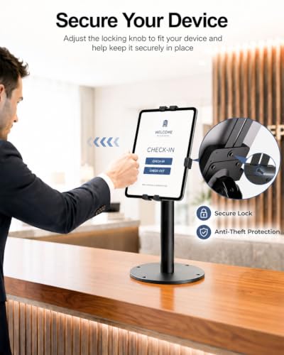 Anti-Theft Kiosk Tablet Stand Metal Tablet Desktop Holder for 7-11" iPad/for Samsung Galaxy Tab/for Kindle with 360° Swivel Locking Clamp Countertop POS Tablet Mount for Desk Black