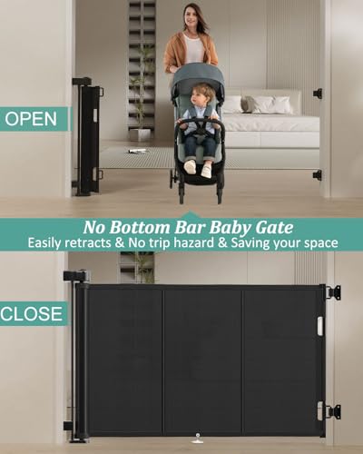 Miumoon 71 inch Reinforced Retractable Baby Gates 34 inch Tall - color: Black, size: 34" Tall x 71" Wide