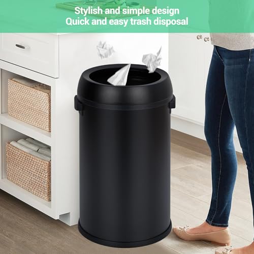 17 Gallon/65 Liter Round Open Top Trash Can, Commercial Grade Heavy Gauge Trash Bin, Stainless Steel Garbage Can, Perfect for Kitchen, Office, School, Restaurant, Matte Black - color: Black Open Top