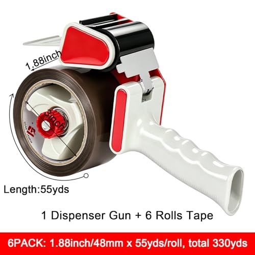 BOMEI PACK Heavy Duty Tape Gun and Dispenser with 6 Brown Packaging Tapes. Brown Packaging Tape 1.88 Inch X 55 Yards with Metal Tape Gun Dispenser for Moving Boxes,Warehouse Or General Packing Uses - color: Brown