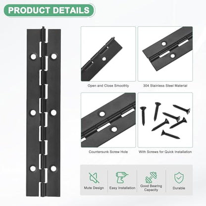M METERXITY 6-Pack Piano Hinges, 6 Inch / 150mm 304 Stainless Steel Continuous Piano Hinge with Holes and Screws for Cabinets Door/Storage Box [1.2X 0.04/ 30x 1mm Open Width Thick, Black] - size: 6 Inch