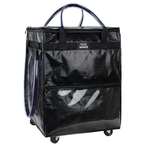Medium Black Reusable Grocery Bag on Wheels, Folding Rolling Tote - color: Black, size: Medium