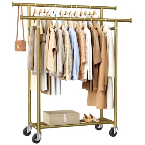 HYSEYY Clothes Rack, Double Rods Rolling Clothing Rack for Hanging Clothes, Portable Garment Rack with Wheels, Coat Rack Wardrobe Closet Load 240 LBS for Bedroom Laundry Room (Glod, L) - color: Glod