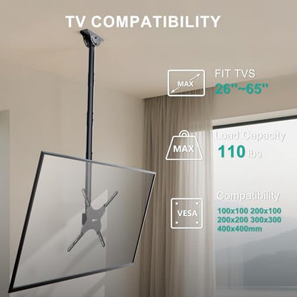 WALI Long Arm Ceiling TV Mount for 26-65 inch LCD LED 4K TVs, up to 110 lbs - color: Black (400x400mm), size: 5 feet