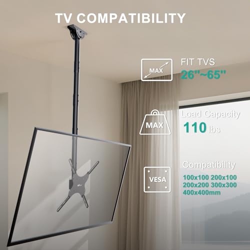 WALI Long Arm Ceiling TV Mount for 26-65 inch LCD LED 4K TVs, up to 110 lbs - color: Black (400x400mm), size: 5 feet