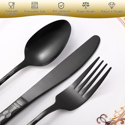 30 Pcs Black Hammered Silverware Set Service for 6,with Steak Knives Stainless Steel Flatware Set,Mirror Cutlery Utensil,Durable Kitchen Tableware,Ripple Teardrop Fork Knife Spoon,Dishwasher Safe - color: 12SLF-30pc/Steak Knives-Black