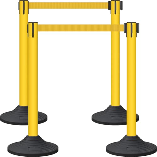 Crowd Control Stanchion Set, 4Pcs 10-Foot Retractable Belt Posts - color: Yellow