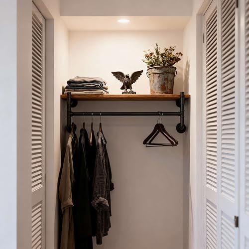 WEBI Wall Mounted Clothes Rack with Shelf,30" Industrial Pipe Clothing Rack with Shelf with Hanging Rod,Heavy Duty Iron Garment Rack Bar,Retail Display Clothes Rod for Laundry Room,Closet,Black - color: Black, size: 30 Inch