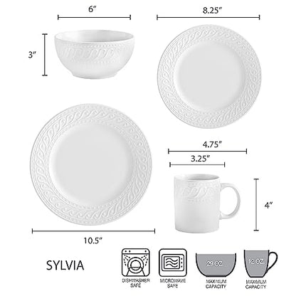 Pfaltzgraff Sylvia Dinnerware Set 32-Piece Service for 8 - White Porcelain Dinner Plates, Salad Plates, Soup Bowls and Mugs with Embossed Scrollwork